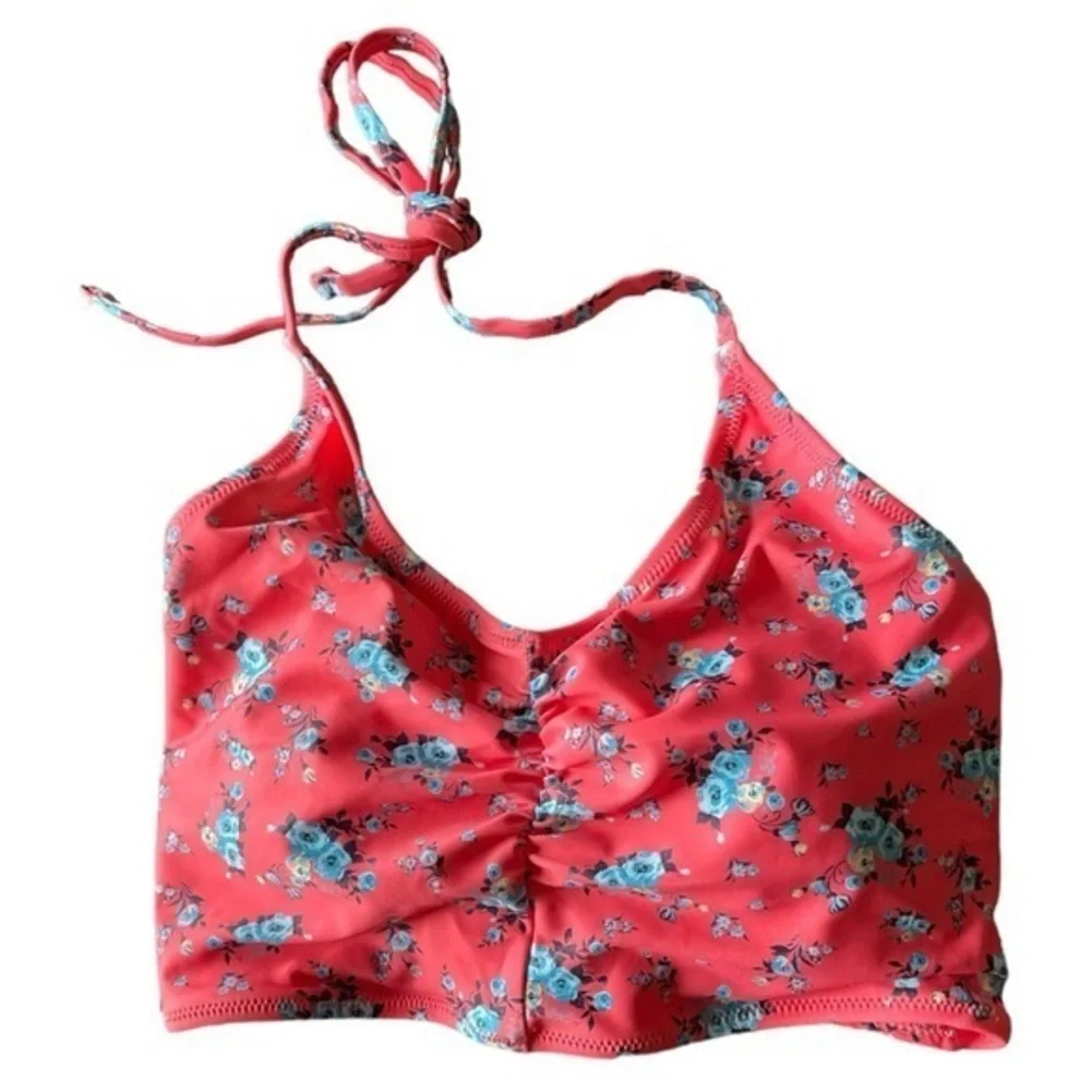 Cupshe Coral Floral‎ Halter Bikini Swim Top Lace Up Back Size Medium